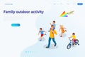 Family outdoor activity. Happy family concept. Healthy Lifestyle Outdoor. Bicycle isometric people. Royalty Free Stock Photo