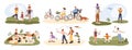 Family outdoor activity. Parents and children spending time together. Having picnic, doing yoga, cycling. Family summer Royalty Free Stock Photo