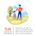 Family Outdoor Activity Poster, Banner. Father Walking in the Park with Son. Happy People Relaxing on Nature Background Royalty Free Stock Photo