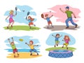 Family outdoor activity, sport and fun scene set