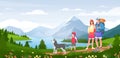 Family outdoor adventure activity, cartoon active happy people hiking, hikers walking with pet dog Royalty Free Stock Photo