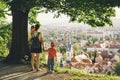 Family outdoors on background of Ljubljana, Slovenia, Europe