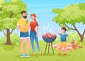 Family outdoors barbecue picnic in summer park, happy mother and father grilling meat Royalty Free Stock Photo