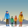 Family outdoors in winter. Father, mother, son and daughter holding hands. Happy smiling people on background of cityscape. Flat v Royalty Free Stock Photo