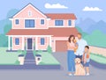 Family outside house. Buying renovation house, new home estate father mother children with dog, outdoor front building Royalty Free Stock Photo