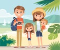 Family on overseas vacation on seashore walking by beach