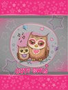 Family owls, butterflies and stars on abstract background. Cute funny cartoon illustration with fabulous animal or bird. Vector.