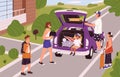 Family packing baggage into open car door. Parents with kids, teens going to holiday road trip. People loading luggage Royalty Free Stock Photo