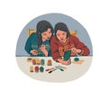 Family painting easter eggs. Two asian girls drawing ornament on egg. Flat spring characters on cartoon background.Vector holiday