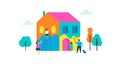 Family is painting home, concept design. Summer outdoor scene with colorful minimalistic flat vector illustration Royalty Free Stock Photo