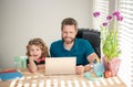 family and parenthood blog. boy do homework with private teacher. webinar video lesson. Royalty Free Stock Photo