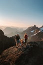 Family parents with child hiking in Norway mountains travel adventure healthy lifestyle outdoor active vacations Royalty Free Stock Photo