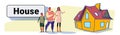 Family parents and son in front of big modern house residence estate new home exterior colorful sketch doodle horizontal Royalty Free Stock Photo