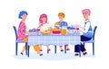 Family of parents and teenage children having lunch cartoon vector illustration. Royalty Free Stock Photo