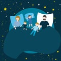 Family of parents and three children sleeping together in bed. Flat cartoon llustration