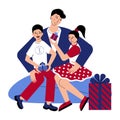 Family party with beautiful gifts. Daughter and son gift Father blue and red Presents. Give a gift. Gift Time