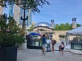 Family pauses to study cafe menu and take pictures in Millennium Park, Chicago, Illinois Royalty Free Stock Photo