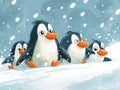 A Family of Penguins Sliding Down a Snowy Hill AI Generated