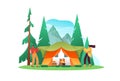 Family people making camping tent isolated