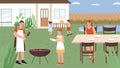 Family people in summer picnic vector illustration, cartoon flat happy mother father picnickers grill meat sausages, fun Royalty Free Stock Photo