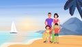 Family people on summer sea beach vacation, mother father and children standing together