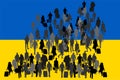 Family people Ukraine crowd in war migration crises refugees on border vector silhouette illustration.