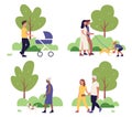 Family people walking in city park together set, cartoon cityscape summer park scenes