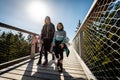 Family people walking wooden treetop bridge canopy walkway in winter Royalty Free Stock Photo