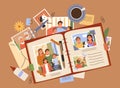 Family photo album. Scrapbook of happy memories, memorializing moments photos of kids and parents life cartoon vector