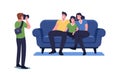 Family Photo Concept. Photographer Shoot People Sitting on Couch. Happy Relatives Mother, Father and Child Posing