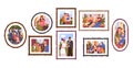Family photo frames. Parents and babies pictures. Wall with memory portraits. Kids photographs. Wedding snapshot. Happy Royalty Free Stock Photo