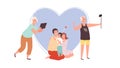 Family photo. Grandparents making image with phone and tablet, young parents and kid. Diverse generation vector concept