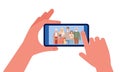 Family photo. Hands holding smartphone with people image. Selfie vector illustration