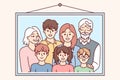 Family photo portrait in frame with children and gray-haired grandparents on wall. Vector image