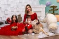 Family photo portrait. Mom and her two children and two white dogs in red clothes celebrate the Chistmas, new year