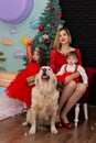 Family photo portrait. Mom and her two children and a white dog in red clothes celebrate the Chistmas, new year. Happy Royalty Free Stock Photo