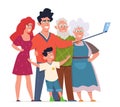 Family photo selfie. Group portrait three generations shooting. Grandparents, parents and children with phone and selfie Royalty Free Stock Photo