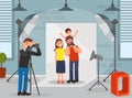 Family at Photo Shoot or Photo Session Posing In front Of Camera Vector Illustration