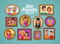 Family photos in frames. People, parents and children concept. Cartoon vector illustration