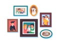 Family photos. Kids and parents framed portraits, happy relatives, Moms and dads, grandparents, son and daughter, lives