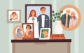 Family photos located on drawers chest. Framed portraits with happy parents, grandparents and kids. Relatives Royalty Free Stock Photo