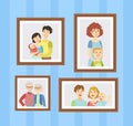 Family Photos Set, Pictures in Wooden Frames Hanging on the Wall Vector Illustration Royalty Free Stock Photo