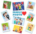 Family photos set, portraits of family members, best memories on pictures of several generations vector Illustration