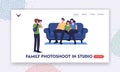 Family Photoshoot in Studio Landing Page Template. Photographer Shoot People Sitting on Couch. Happy Relative Characters