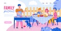 Family picnic banner - father cooking barbecue meal for cartoon family