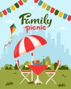 Family picnic concept. Outdoor picnic in a park. Served table with chairs, kite, garlands and umbrella. Vector flat illustration