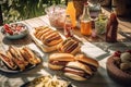 a family picnic, with hot dogs, buns, and condiments on the table