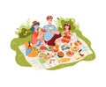 Family picnic on nature scene cartoon vector illustration isolated on white. Royalty Free Stock Photo