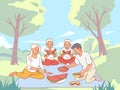 Family on picnic. Outdoor activities, parents with children, twin boys eating watermelon, eating in nature, lunch in Royalty Free Stock Photo