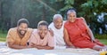 Family picnic, park portrait and happy parents with children in summer, happiness in nature garden together and smile Royalty Free Stock Photo